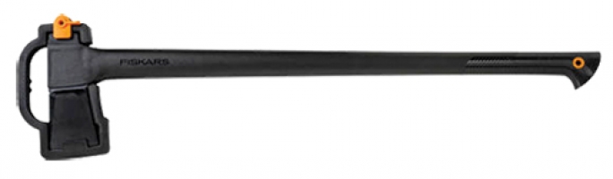 A Fiskars chopping axe with a long handle and a black head, designed for efficient cutting and splitting.