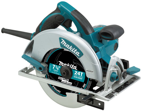 A Makita circular saw with a 7 1/4 inch blade, featuring a blue and silver design and a prominent handle.