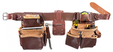 A brown leather tool belt featuring multiple pockets, designed to hold various tools and accessories for construction or handyman tasks.