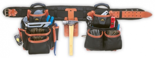 A tool belt featuring multiple pouches, equipped with various tools including pliers, screwdrivers, and a hammer, designed for construction or DIY tasks.