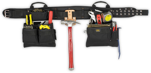 A black tool belt equipped with various tools, including a hammer, pliers, measuring tape, and screwdrivers, organized in multiple pockets.