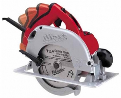 A red and silver circular saw, featuring a carbide-tipped blade and a safety guard, designed for cutting wood and other materials.