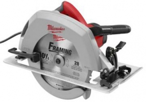 A Milwaukee circular saw featuring a red handle and silver body, designed for framing with a 10-inch blade.