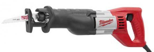 A Milwaukee reciprocating saw with a black and red design, featuring a blade for cutting various materials.