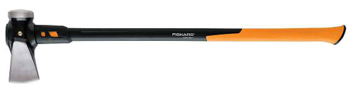 A Fiskars axe with a long black handle and an orange grip, designed for chopping wood.