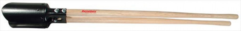 A black metal digging tool with two wooden handles, designed for excavation.