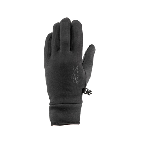 A black outdoor glove designed for warmth and dexterity, featuring a snug fit and adjustable wrist strap.