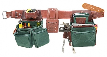 A tool belt featuring a brown leather belt and green fabric pouches, designed for holding various tools and equipment.