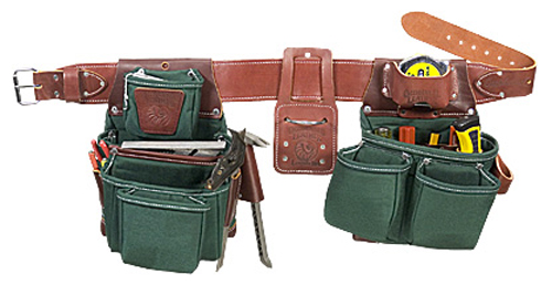 A well-equipped tool belt featuring multiple pockets and holders, designed for organizing tools and accessories.