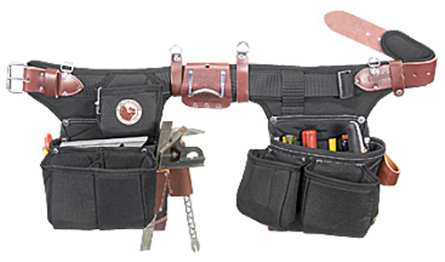 A black tool belt with multiple pockets and compartments, designed for holding tools and accessories, featuring a leather adjustable strap.