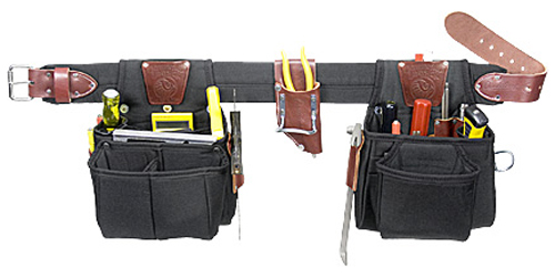 A tool belt featuring multiple pockets, designed for holding various tools and supplies, including pens, a ruler, and a measuring tape.