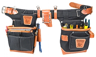 A dual-tool belt featuring multiple pockets for organizing tools, with a black fabric body and brown leather accents.