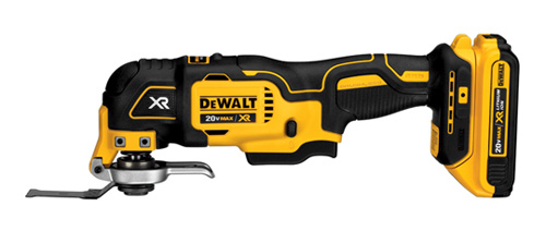 DeWALT 20V MAX XR cordless oscillating tool with a black and yellow design, featuring a blade attachment.