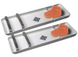 Two aluminum sleds with orange handles and metal straps, designed for snow use.