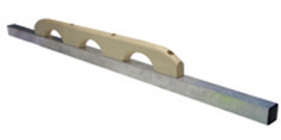 A straightedge tool featuring a wooden handle and a metal ruler, used for measuring and drawing straight lines.