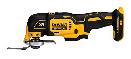 DeWALT 20V MAX XR cordless oscillating tool with a black and yellow design, featuring a removable blade attachment.