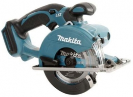 A Makita cordless circular saw featuring a teal body and a clear blade guard.