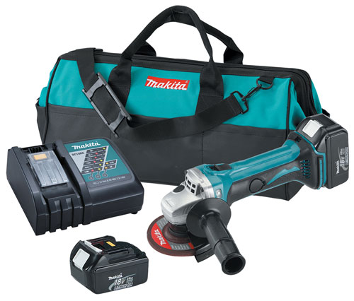 Makita cordless angle grinder kit including the grinder, battery, charger, and carrying bag.
