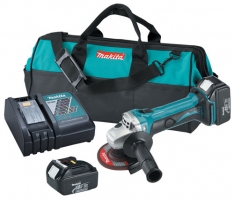 Makita cordless angle grinder set including grinder, battery, charger, and carrying bag.