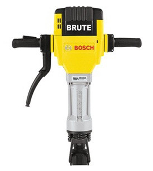 A Bosch Brute demolition hammer featuring a yellow and black design with dual handles and a sturdy metal base for heavy-duty applications.