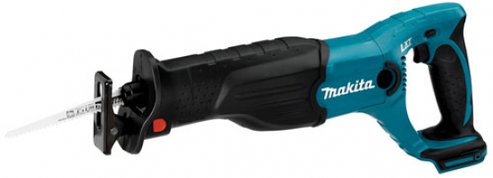 A Makita cordless reciprocating saw with a blue and black design, featuring a blade attached and an ergonomic handle.