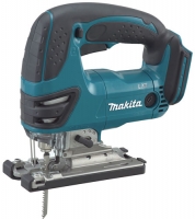 A Makita jigsaw power tool with a teal and black design, featuring a comfortable handle and a precision cutting base.
