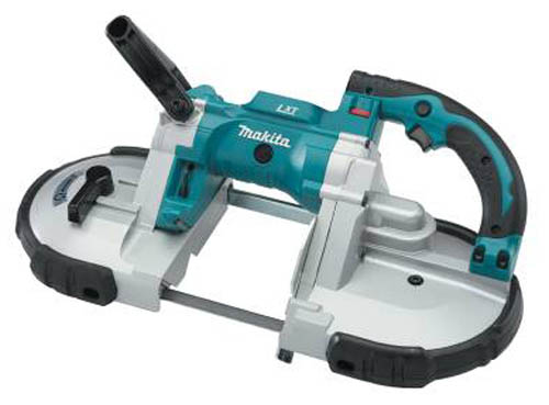 A Makita cordless band saw featuring a teal and gray design, with a handle, trigger, and cutting base.