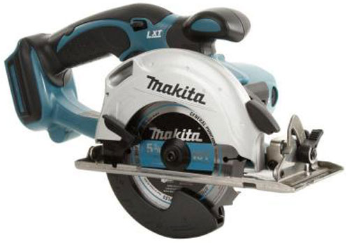 A cordless circular saw by Makita, featuring a blue and black ergonomic handle, with a blade visible underneath.