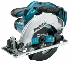 A Makita cordless circular saw with a sleek blue and silver design, featuring a 6 1/2 inch blade and a depth adjustment lever.