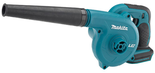 Makita cordless leaf blower with a long nozzle and blue body design.