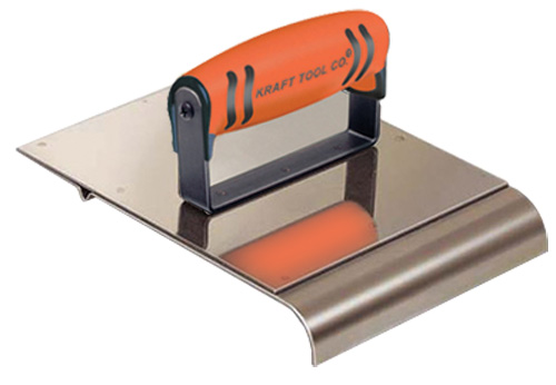 Stainless steel trowel with an orange rubber handle, designed for smoothing and finishing surfaces.