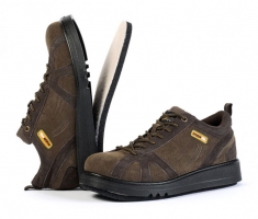 A pair of brown work shoes with a rugged design, featuring laces, a reinforced toe, and a textured rubber sole.