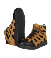 A pair of brown and black high-top shoes with a unique cut-out design and textured surface.