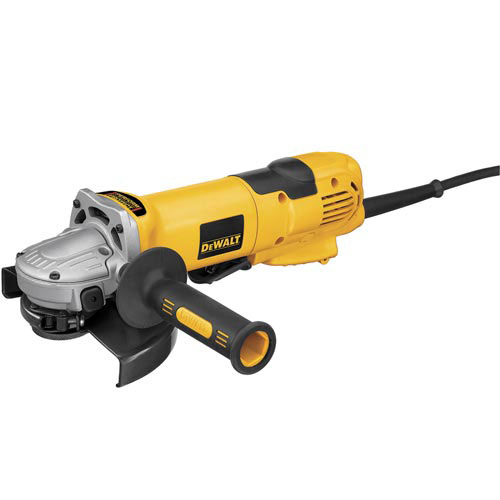 Dewalt angle grinder with a yellow and black design, featuring a side handle and a power cord.