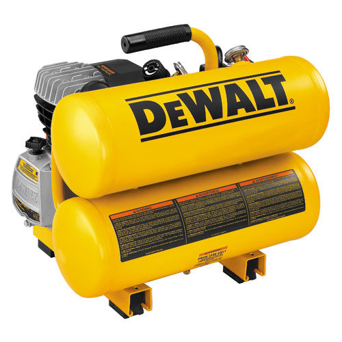 A yellow DEWALT air compressor featuring two air tanks and a black handle, designed for portability and efficiency in powering tools.