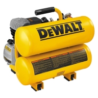 Dewalt portable air compressor with yellow twin tanks and black accents.