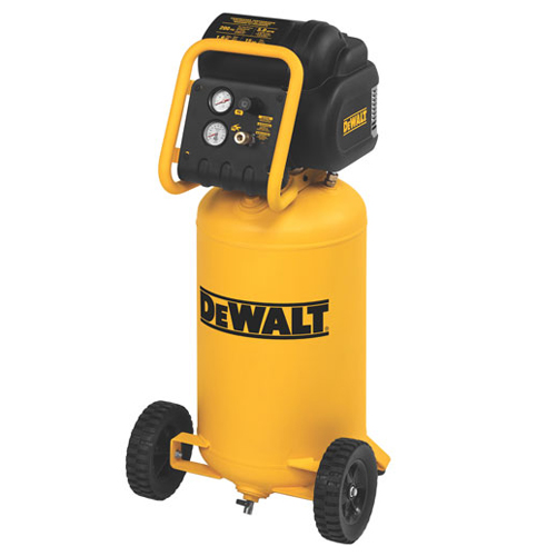 A yellow DEWALT air compressor with a black motor unit, featuring pressure gauges and a handle, mounted on wheels for mobility.