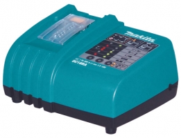 Makita battery charger with multiple charging indicators and a clear compartment for battery insertion.