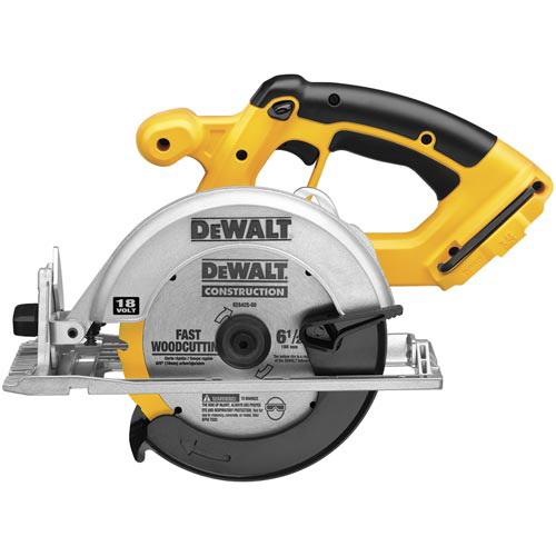 A Dewalt 18V cordless circular saw featuring a silver blade and a black and yellow handle, designed for fast wood cutting.