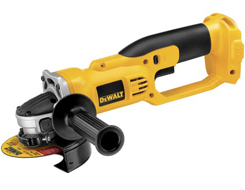 A cordless angle grinder with a yellow and black design, featuring a side handle and a cutting wheel.
