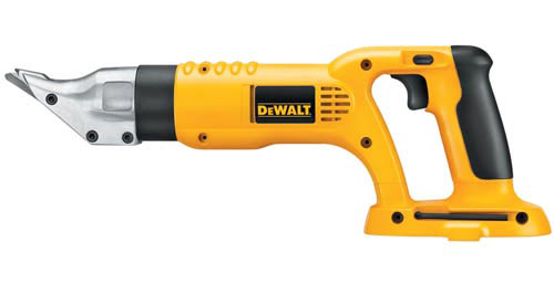 A handheld cordless metal shears tool by DeWALT with a yellow and black design, featuring a sharp metal cutting blade.
