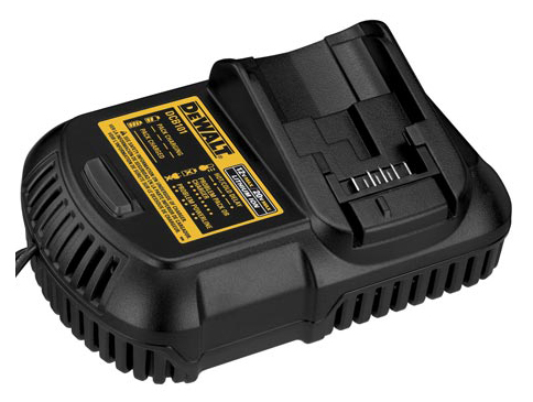 A black and yellow DEWALT battery charger designed for power tool batteries.