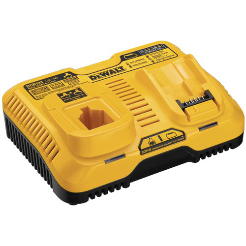 Dewalt battery charger designed for charging various battery types, featuring a compact yellow and black design.