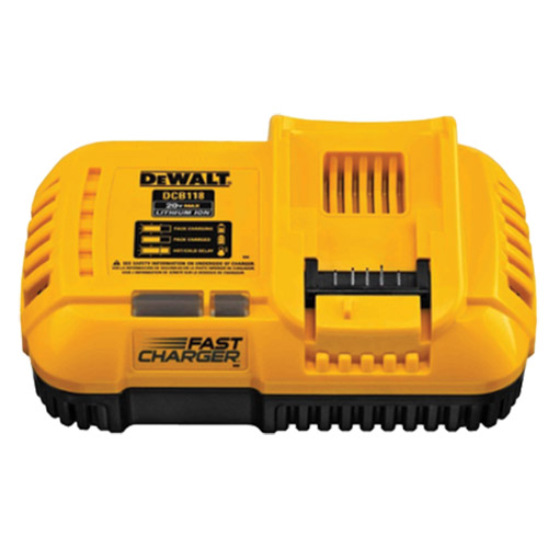 Dewalt fast charger for lithium-ion batteries, featuring a yellow and black design with indicator lights and charging dock.