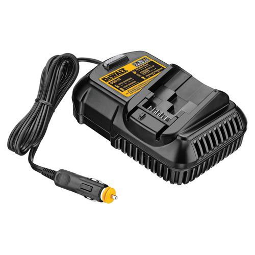 A black battery charger with a power cord and a car adapter plug, designed for charging various battery types.