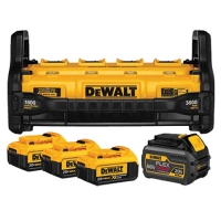A collection of DEWALT battery packs and a charger, featuring three yellow battery packs and a larger black and yellow battery pack with a charging station.