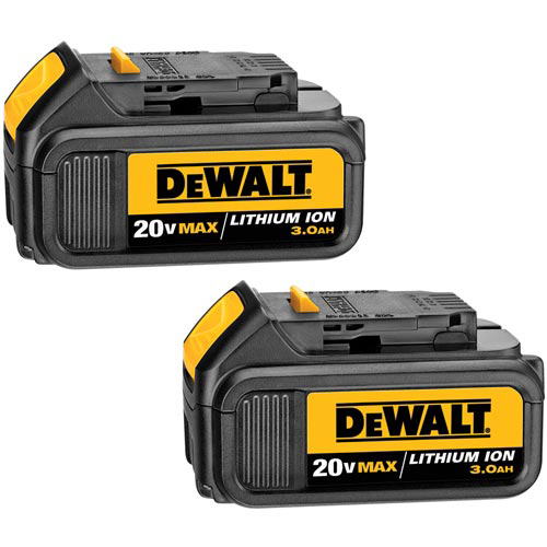 Two DeWALT 20V MAX Lithium Ion battery packs with 3.0Ah capacity.
