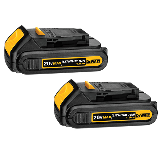 Two DEWALT 20V MAX lithium-ion batteries, 1.5 Ah, displayed side by side.