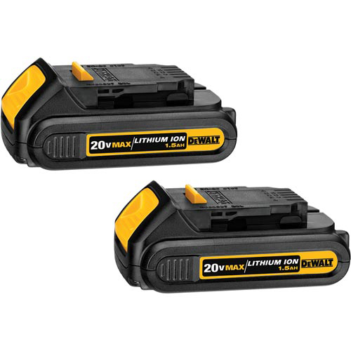Two DeWALT 20V MAX lithium-ion batteries, 1.5Ah each, displayed side by side.