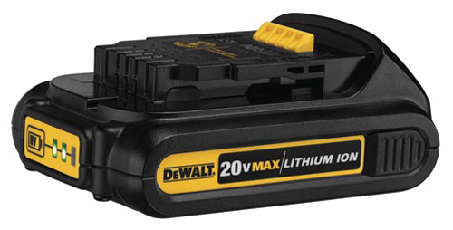 Dewalt 20V Max Lithium Ion battery pack, featuring a black body with yellow accents and an indicator for battery level.